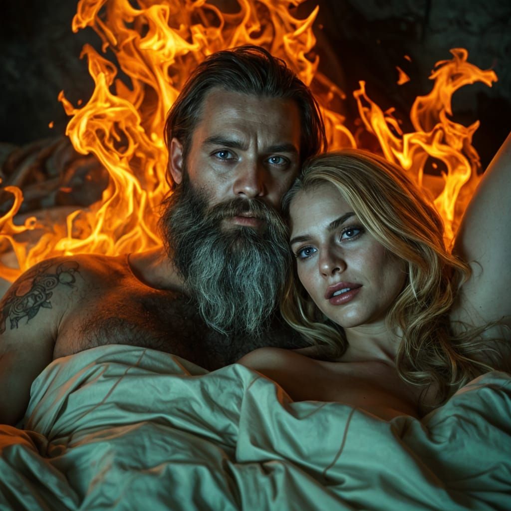 Encaustic Painting: Bearded Man and Woman in Fire