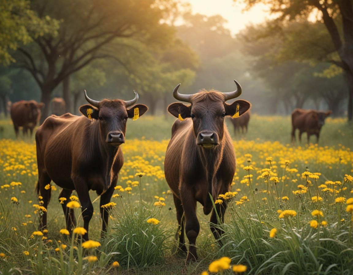 Majestic Ankole-Watusi Cows in a Vibrant Dandelion Field