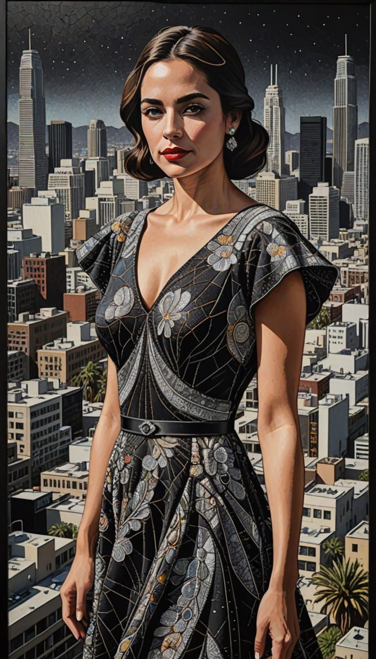 Line Art Portrait of Woman in Mosaic Dress