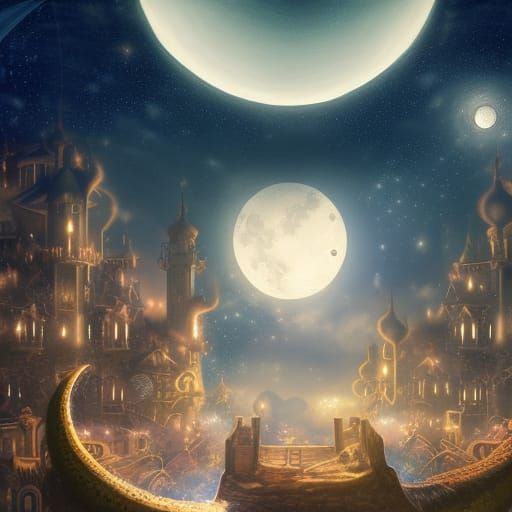 Surreal Moonlit Clock Town with Spanish Villa