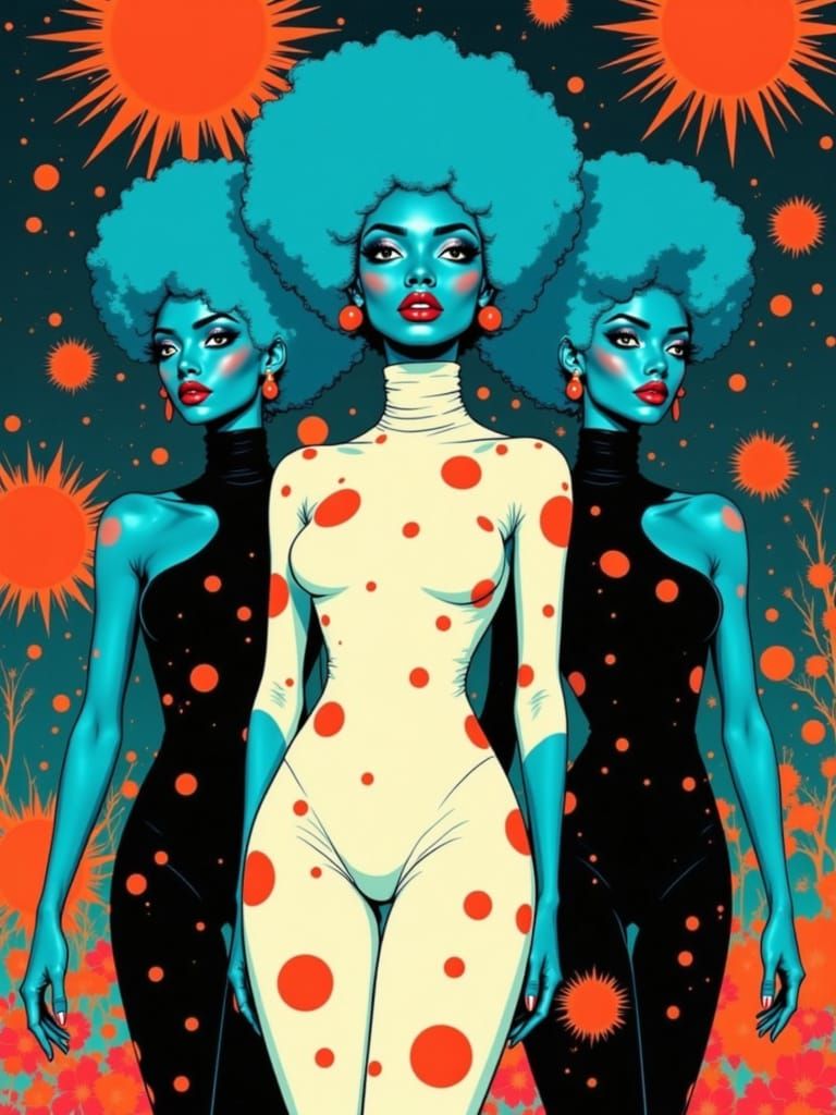 Elegant Turquoise Women in Symmetrical Geometric Dance