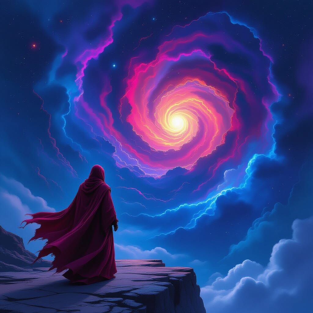 Cosmic Traveler Gazes into Nebula in Vintage Sci-Fi Style