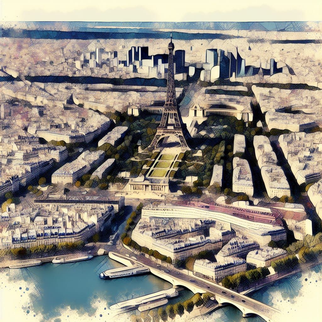 Paris Bird's Eye View in Abstract Watercolor