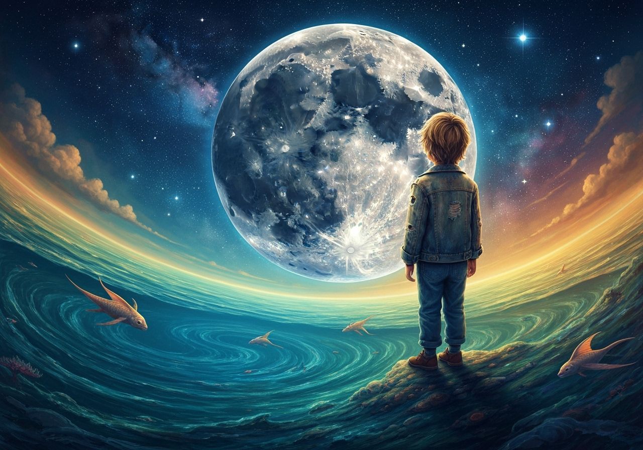 Boy Gazing at Moon in Vast Cosmic Expanse