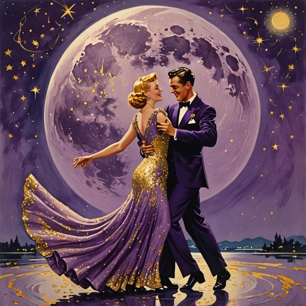 Couple Dancing in Moonlight with Confetti, Dufaycolor