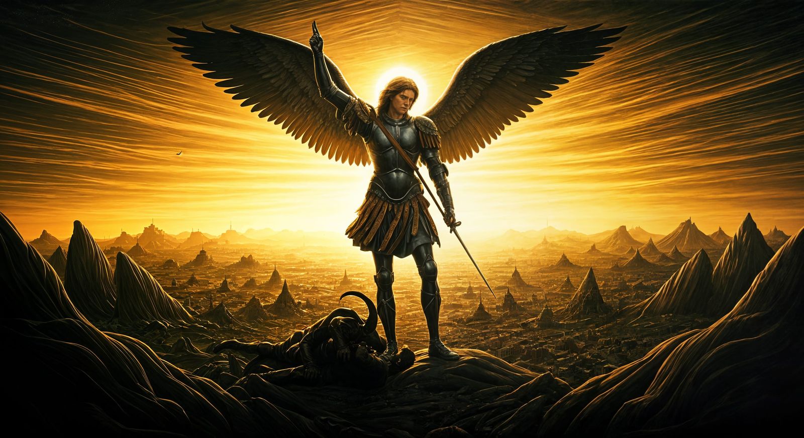 Archangel Michael Defeats Satan in Belgian Ligne Clair Style