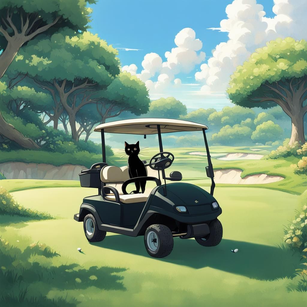 Black Cat Golfer in Ghibli Anime Style