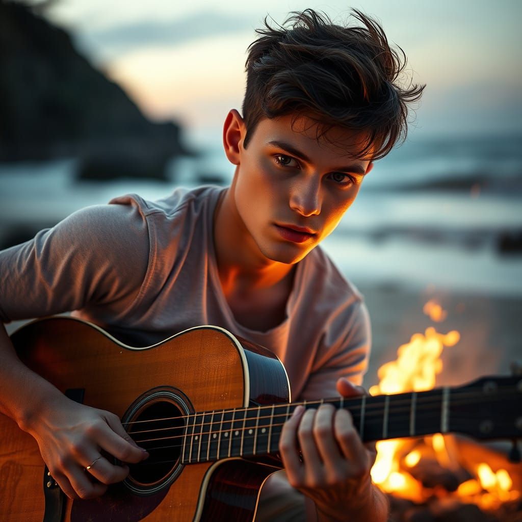 Handsome Young Musician Lost in Dawn Beach Campfire Moment