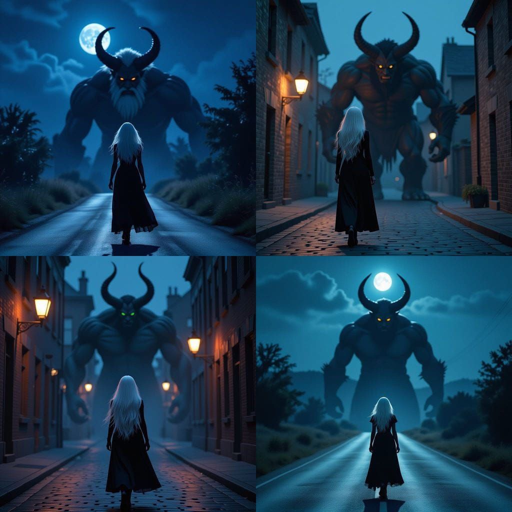 African Woman Encounters Horned Giant at Night