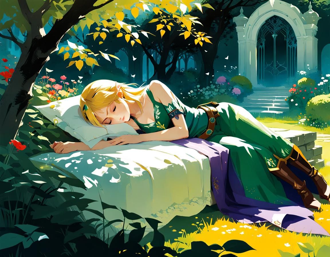 Fantasy Zelda Sleeping: Ink Painting in Anime Realism