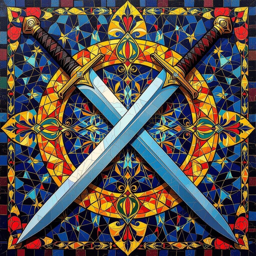 Swords Cross Before Mosaic Background in Vibrant Art