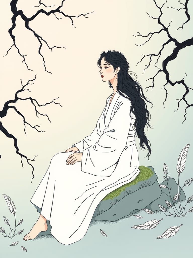 Serene Woman in Nature, Minimalist Line Art Style