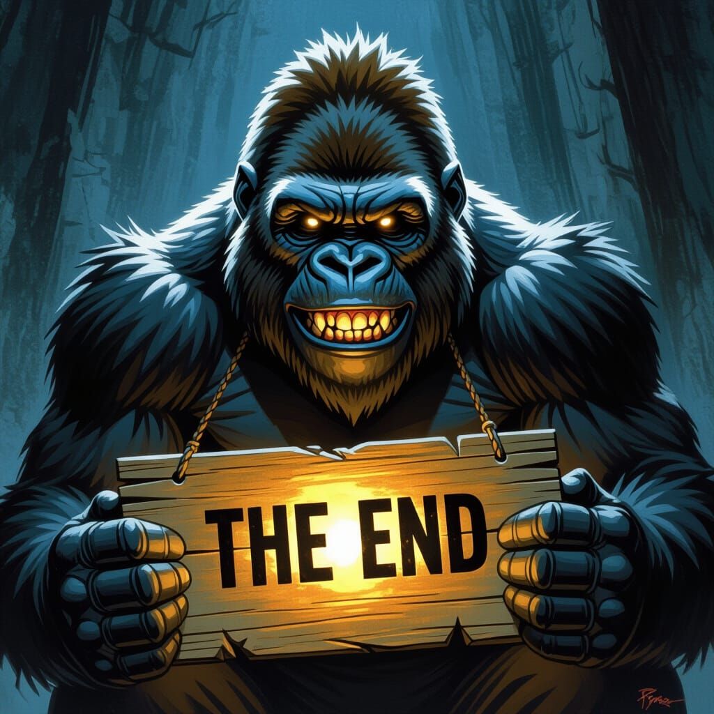 Unsettling Gorilla Holding 'The End' Sign in Dark Concept Ar...