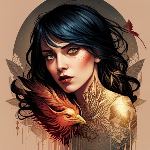 Raven Goddess with Golden Outlines Digital Painting
