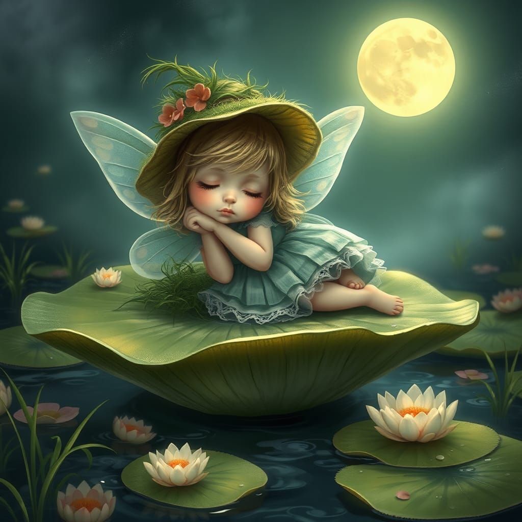 Fairy Sleeping on Lilypad in Moonlit Stream