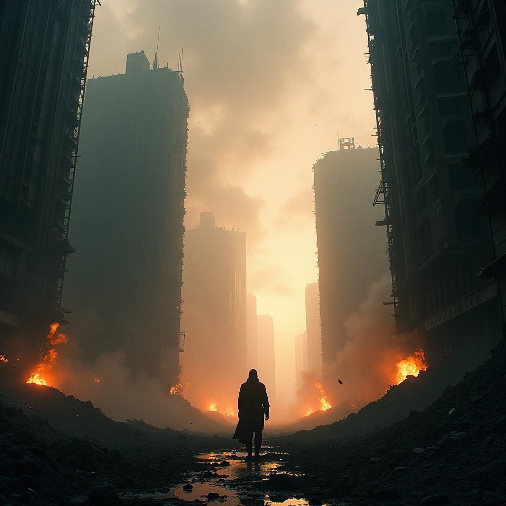 Desolate Cityscape in Chaos: A Cinematic Vision