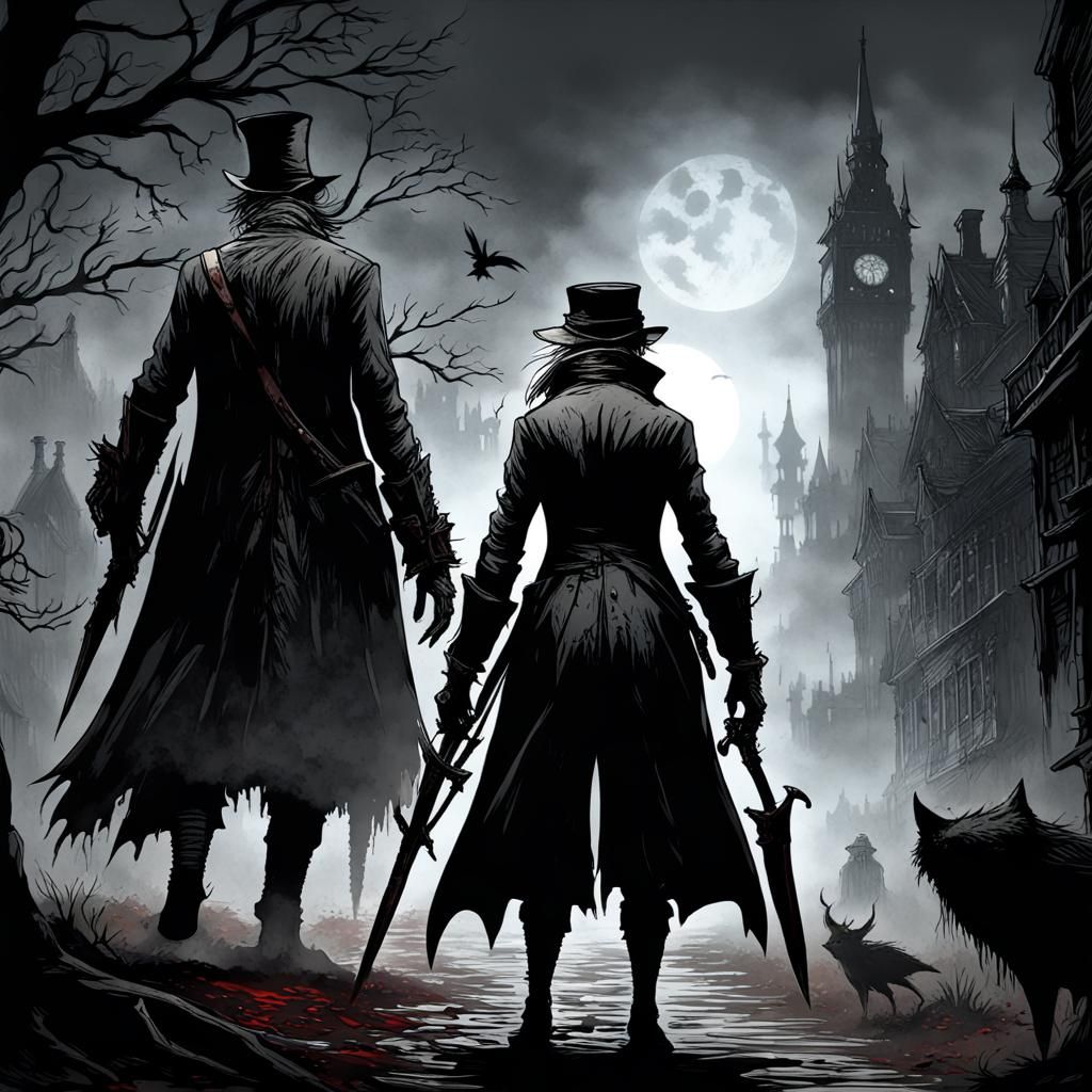 Bloodborne Hunters in a Dark and Cool Scene