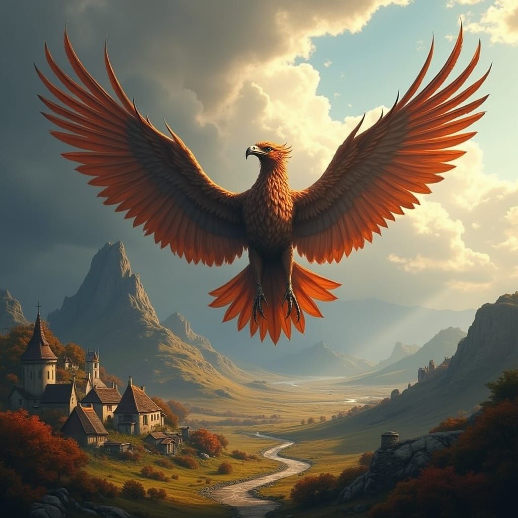 Majestic Griffin Soars Over Fantasy Village