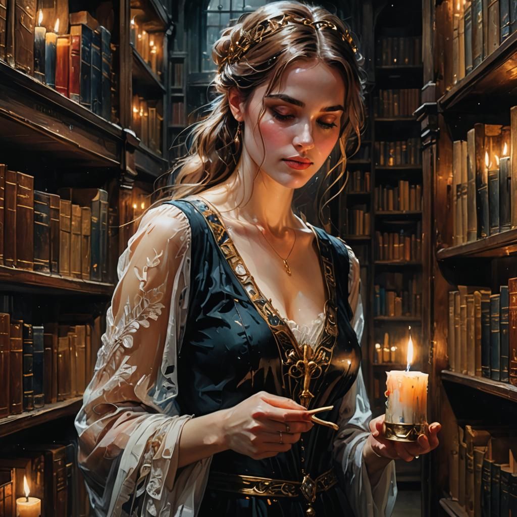 German Princess in an Ancient Library, Surreal Art