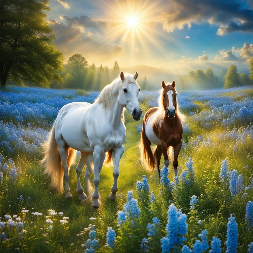 Ethereal Horses and Children in Blue Flower Field