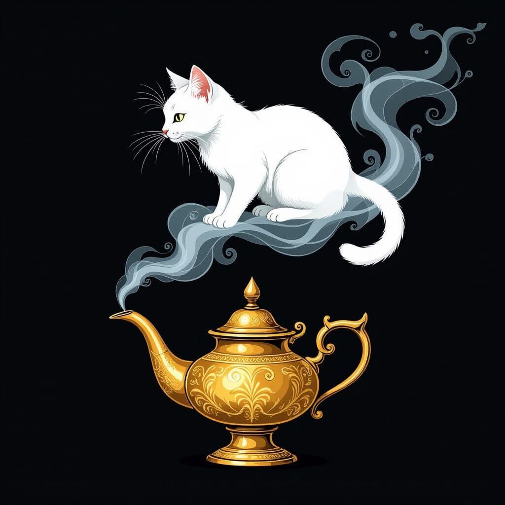 Ethereal Smoke Cat Above Aladdin Lamp