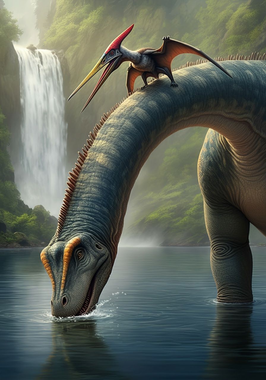 Brontosaurus and Pterodactyl Drinking from Lake