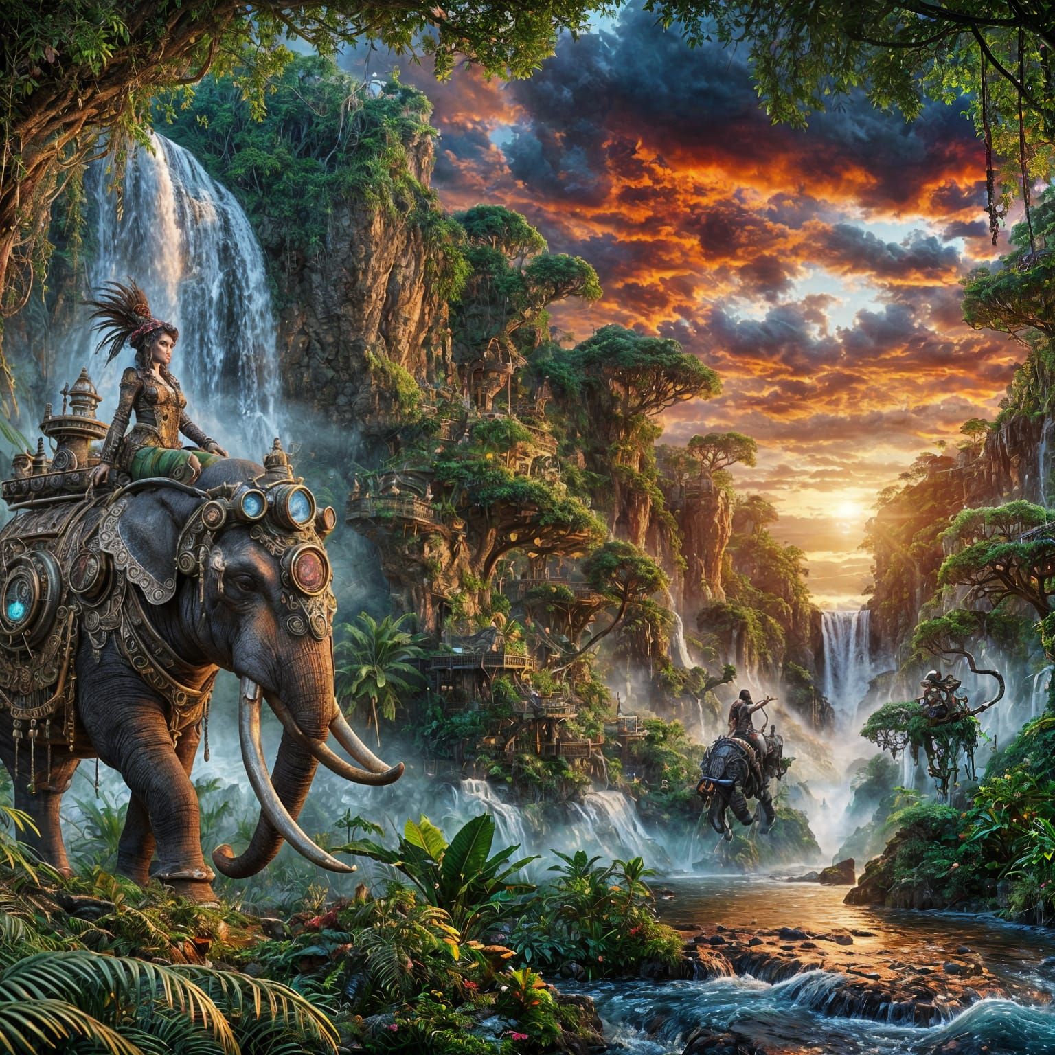 Steampunk Girl Rides Elephant in Jungle Sunset