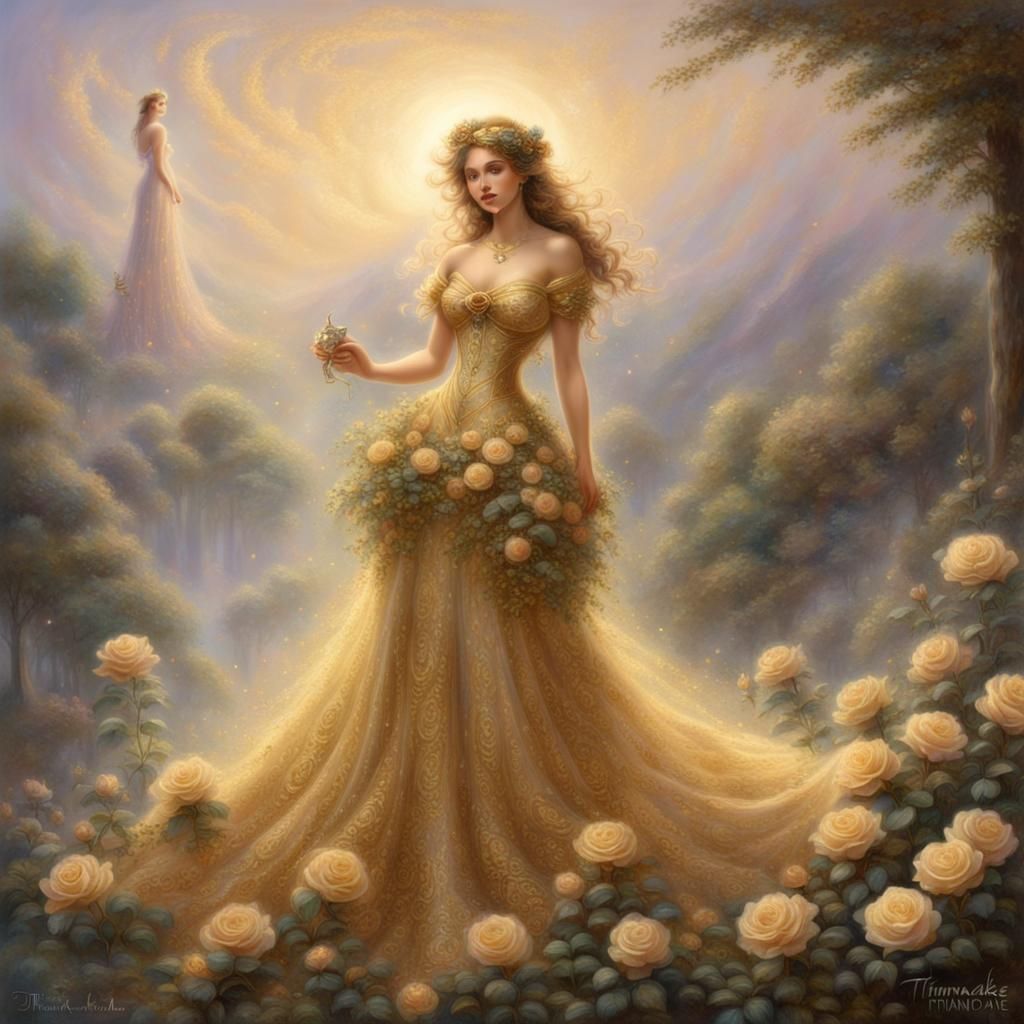 Goddess in Dress of Gold Roses, Ethereal Art