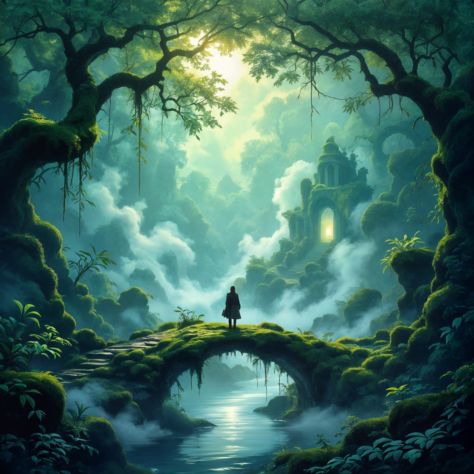 Ethereal Forest Bridge to Glowing Ruin