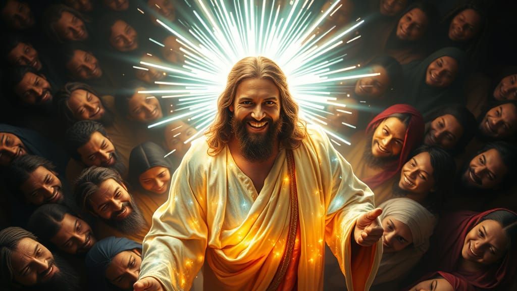 Neon Jesus Radiating Light in Dark Fantasy Style