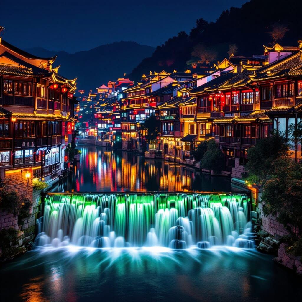 Vibrant Chinese River Town at Night, Golden Lights Reflectin...