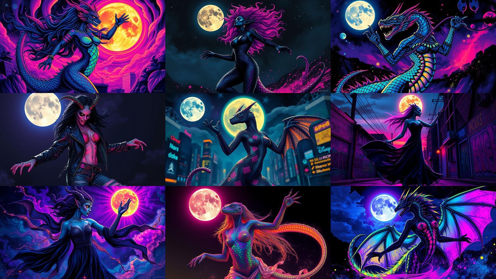 Draconian Woman Dancing in Ultraviolet Graffiti Art