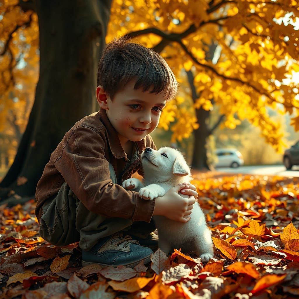 Young Boy Mourns Angel Puppy Under Autumn Tree