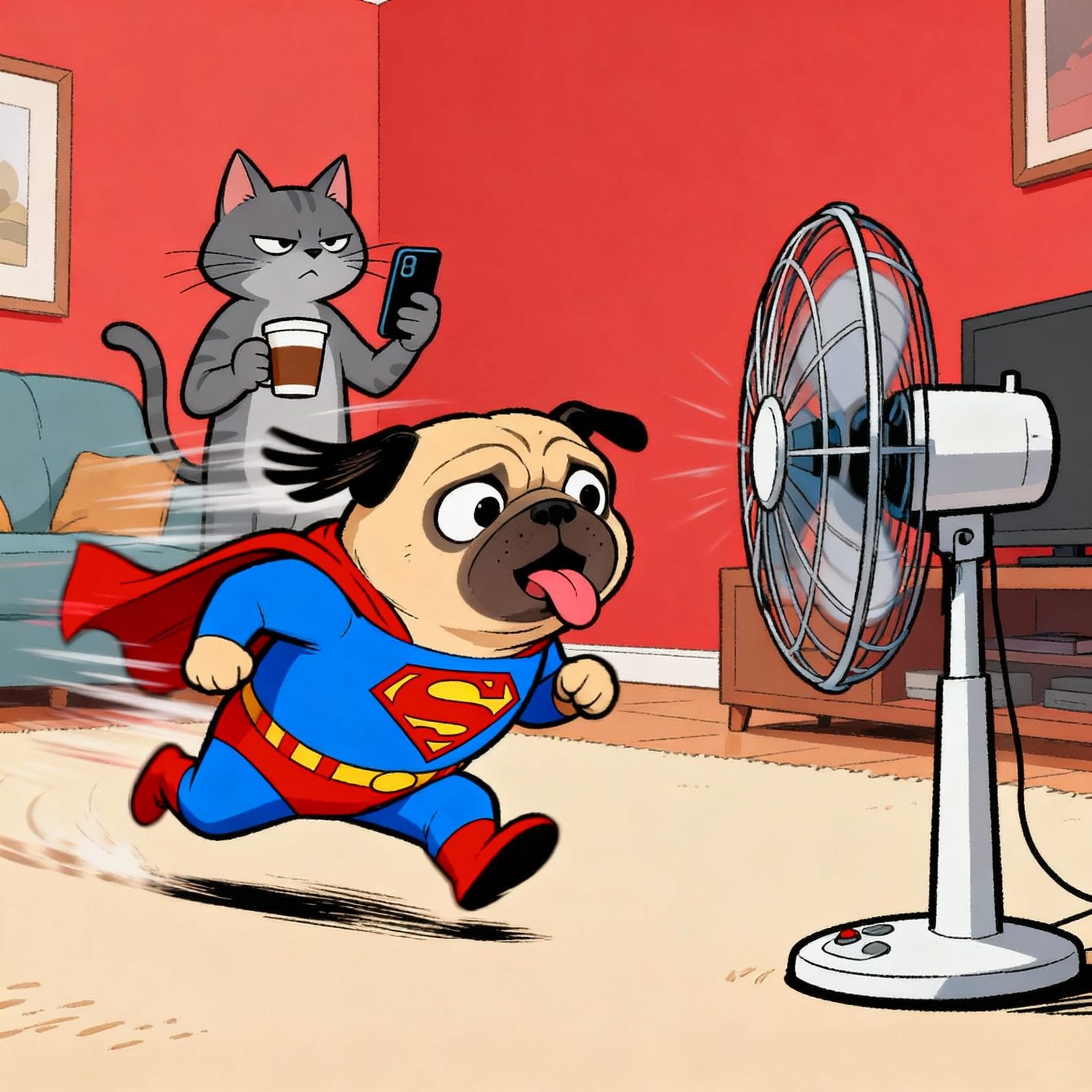 Pug in Superman Costume Chases Fan, Cat Records