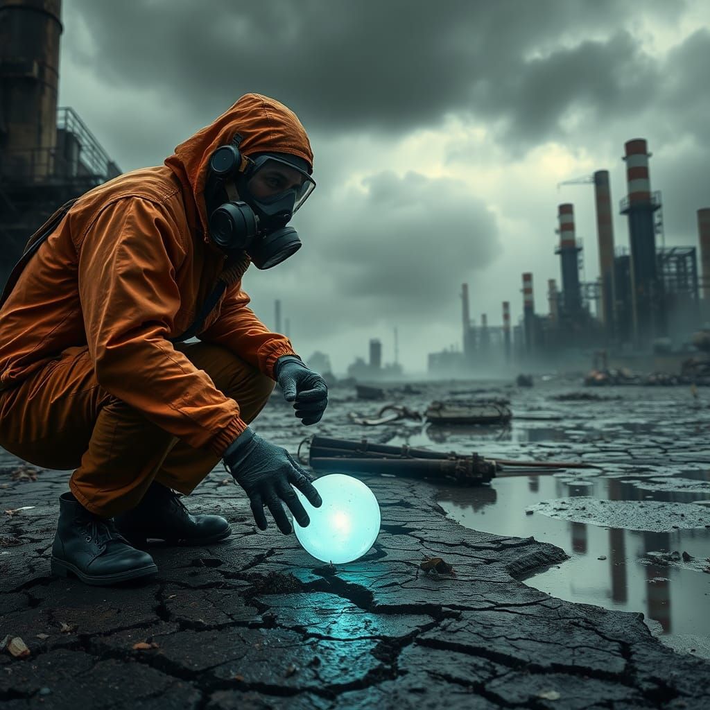 Post-Apocalyptic Figure Collects Glowing Object