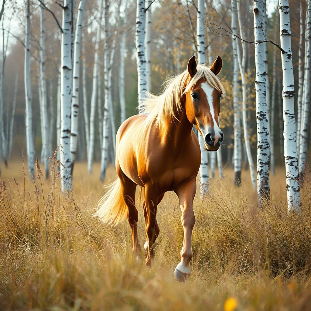 Palomino Horse in Autumn Birch Forest, Cinematic Film Still