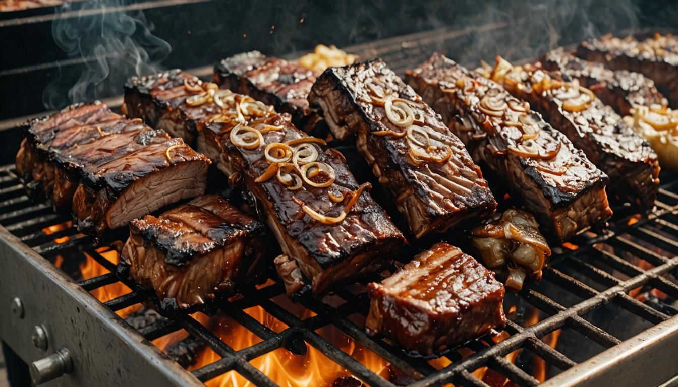 Barbecue Ribs and Steak on a Metal Grill