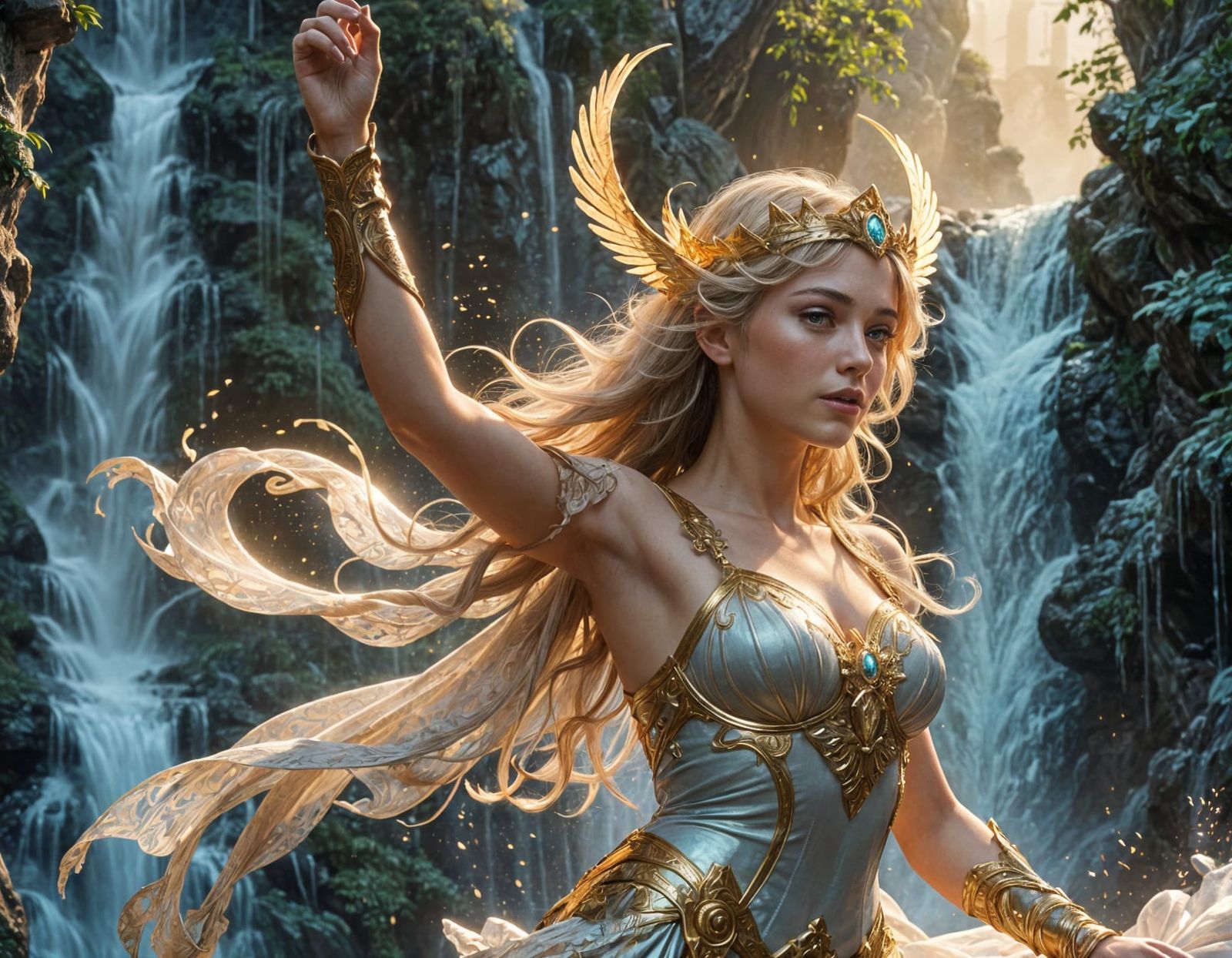 Valkyrie's Celestial Dance Under Waterfall
