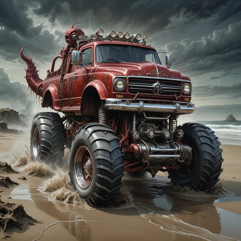 Surreal Monster Truck on Beach in Modern Style