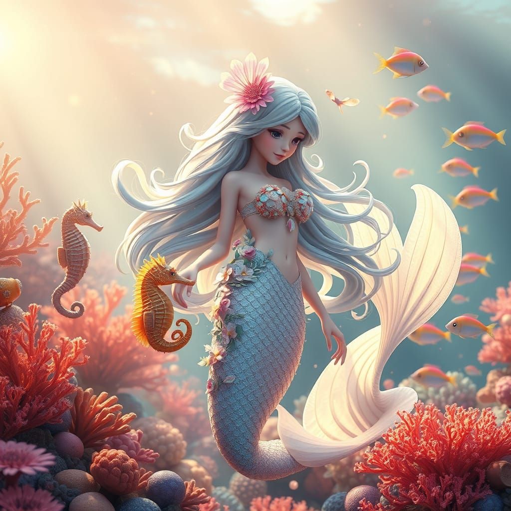 Kawili Mermaid Plays with Ocean Friends in Vibrant Coral Ree...