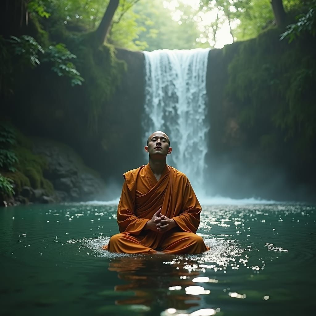 Monk Meditating in Misty Forest Waterfall