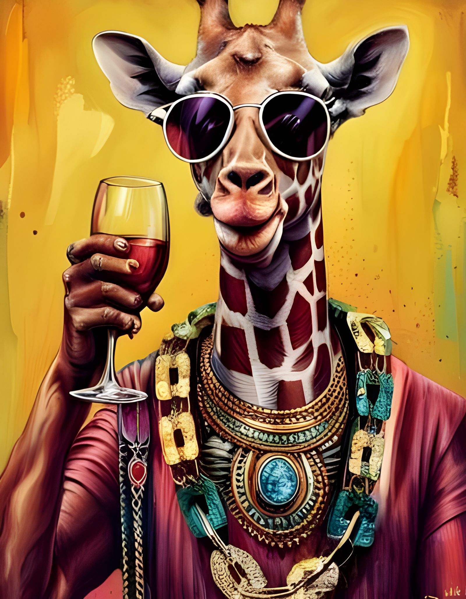 Giraffe with Wine Glass in Mixed Media Style