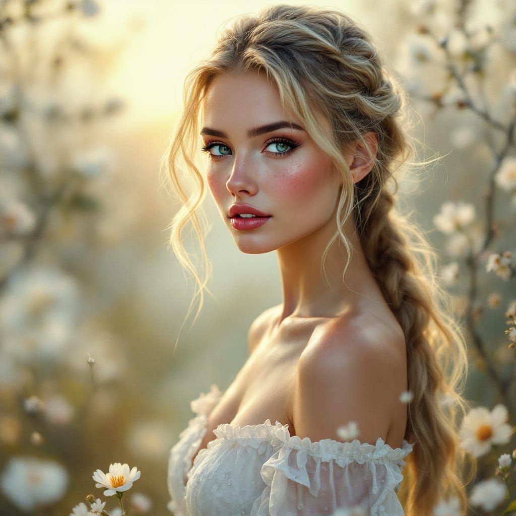 Ethereal Fantasy Portrait of a Blonde Woman at Sunrise