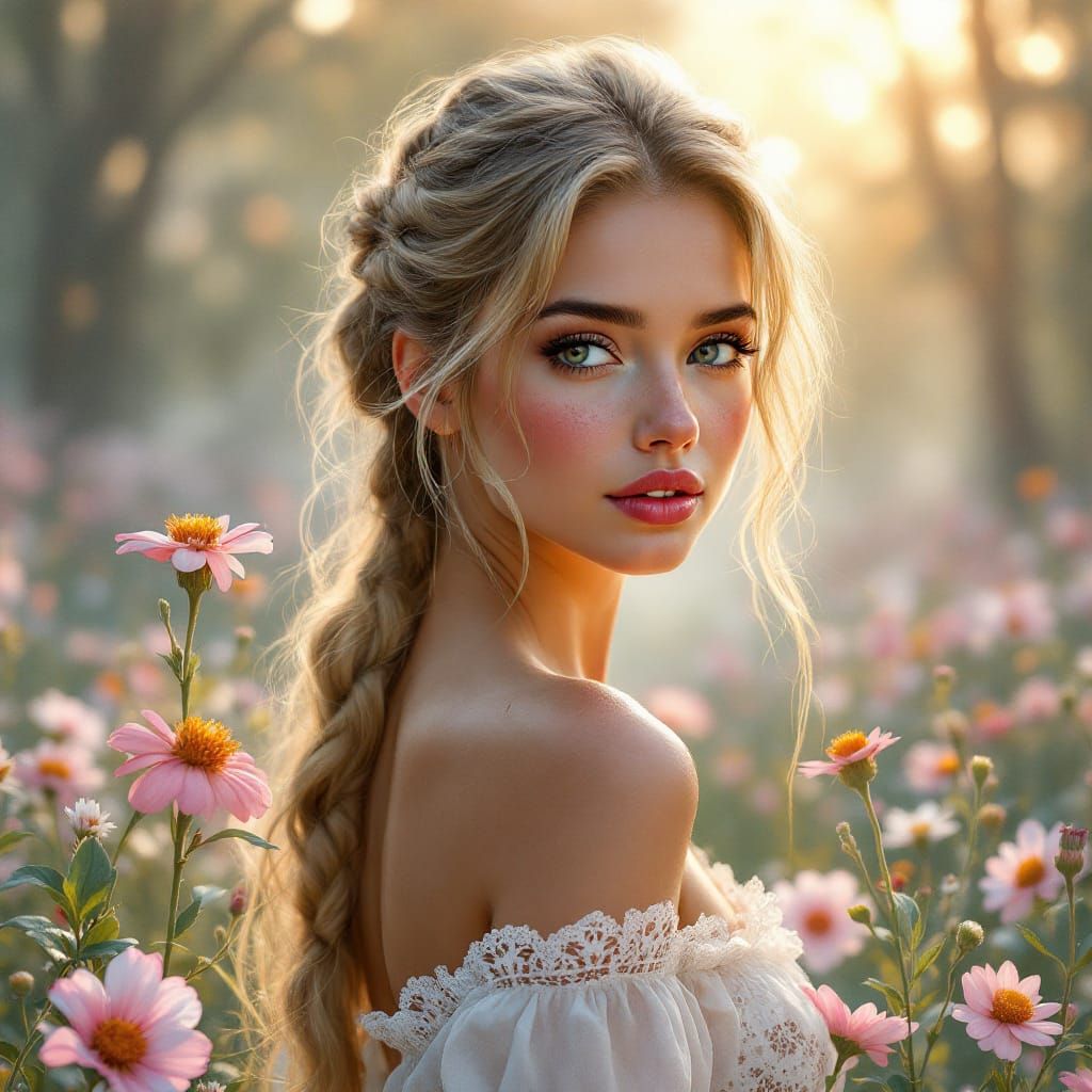 Ethereal Fantasy Portrait of a Woman in Misty Sunrise