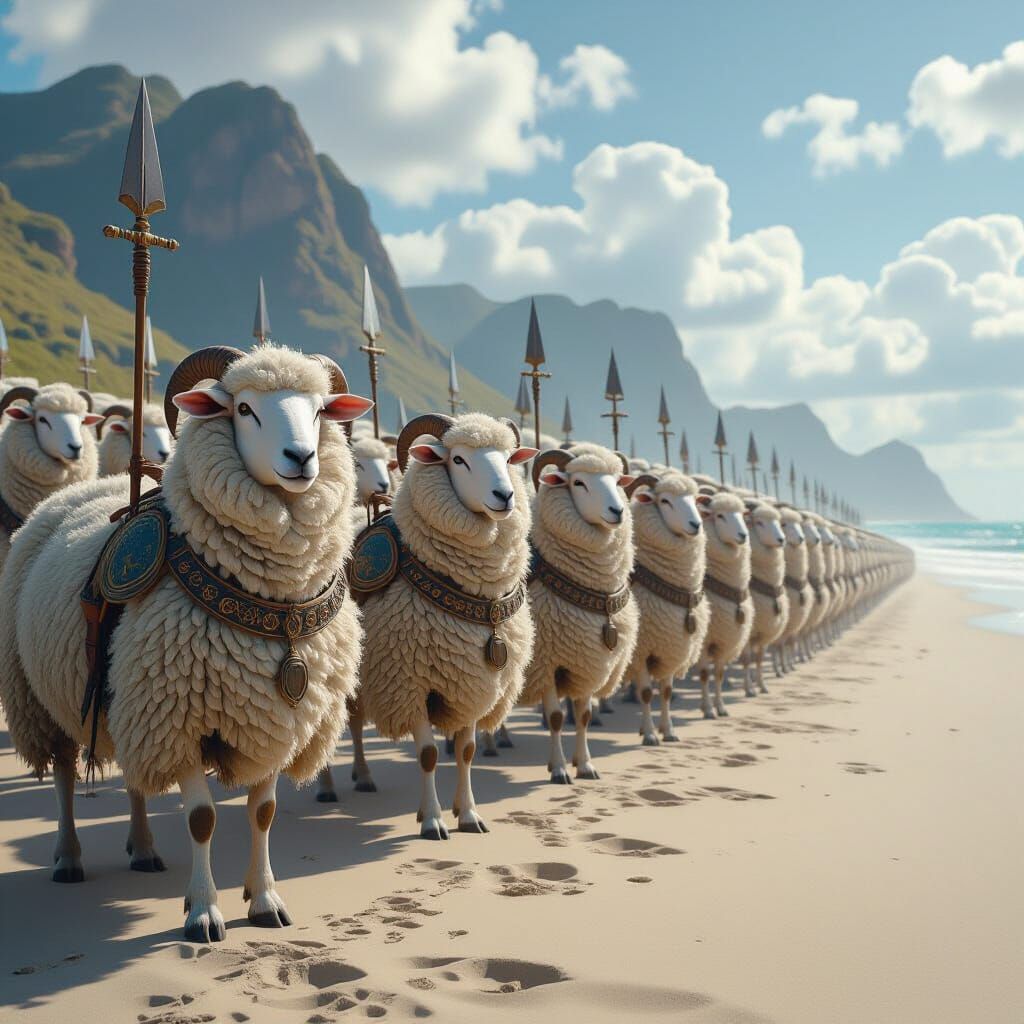 Armored Sheep Army on a Beach: Digital Matte Painting