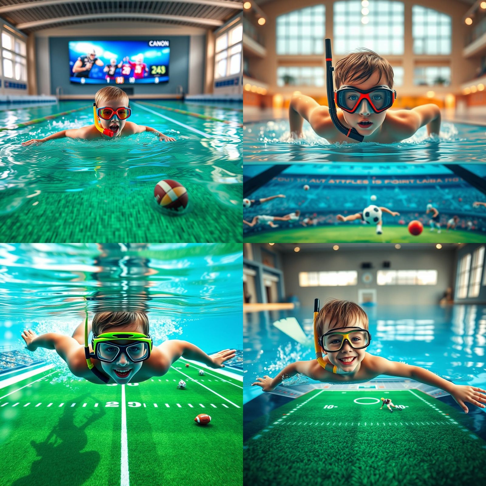 Boy Swims in Touch Screen Football Pool