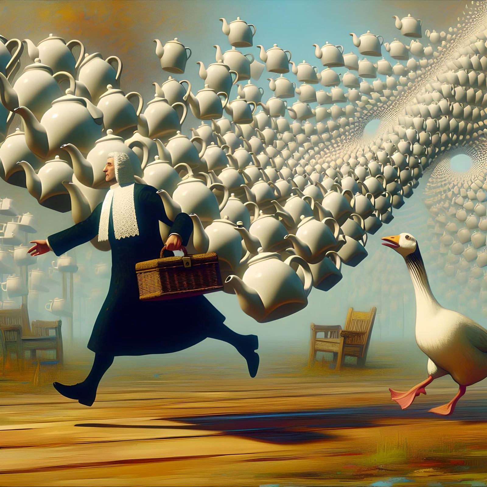 Teapot Vicar Pursued by Goose in Surreal Purgatory