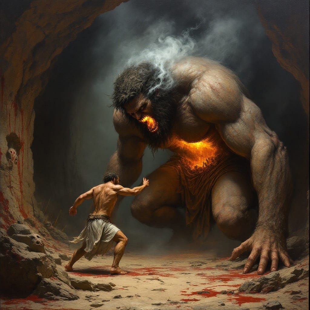 Slightly Larger Giant Battles Greek Hero in a Foggy Cave