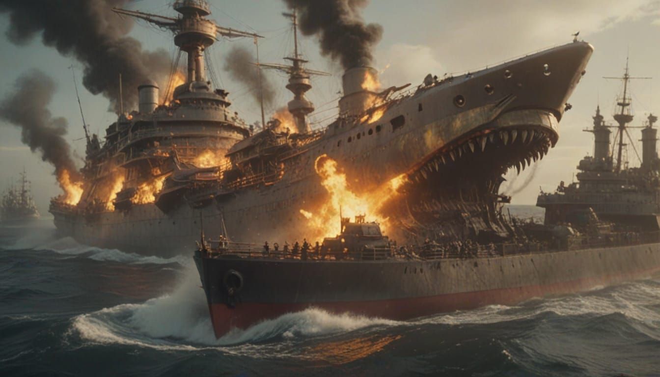 Damaged Steampunk Battleship Rams Enemy in Fiery Collision