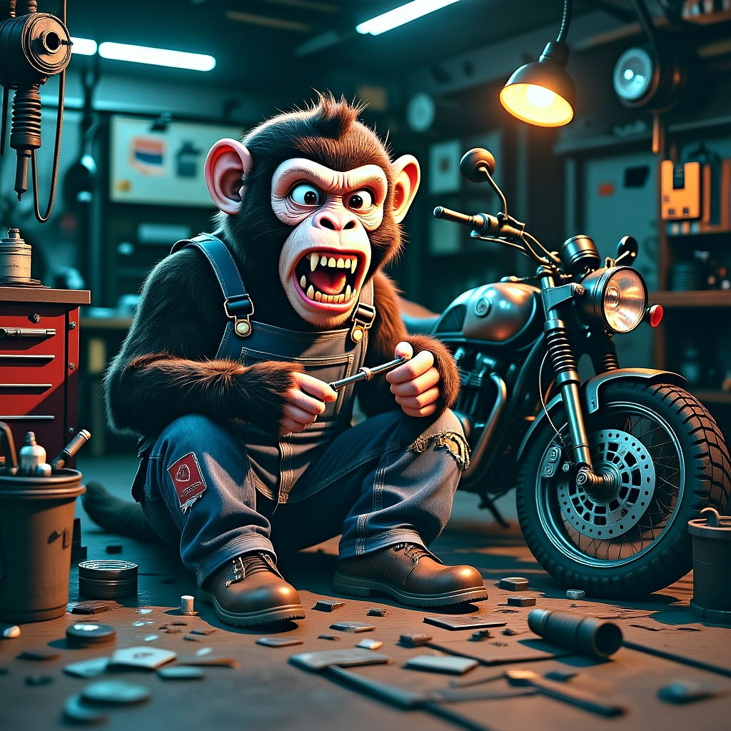 Monkey Mechanic in Anime Style Repair Shop